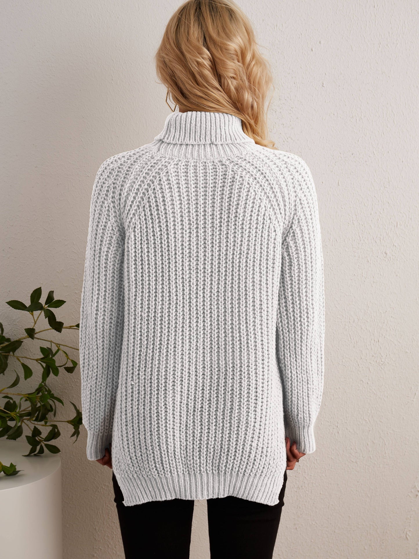 gbolsos  Solid Turtleneck Oversized Sweater, Long Sleeve Side Slit Casual Sweater, Women's Clothing