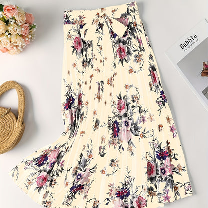 Vintage Floral Print Skirts, Elegant Pleated Tie Waist Daily Skirts, Women's Clothing