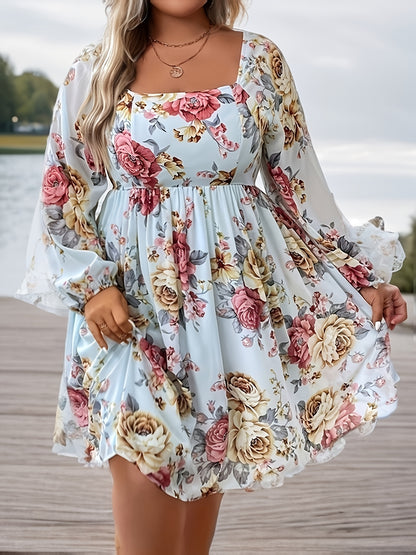 gbolsos  Plus Size Elegant Dress, Women's Plus Shirred Ditsy Floral Print Lantern Sleeve Square Neck Nipped Waist Dress