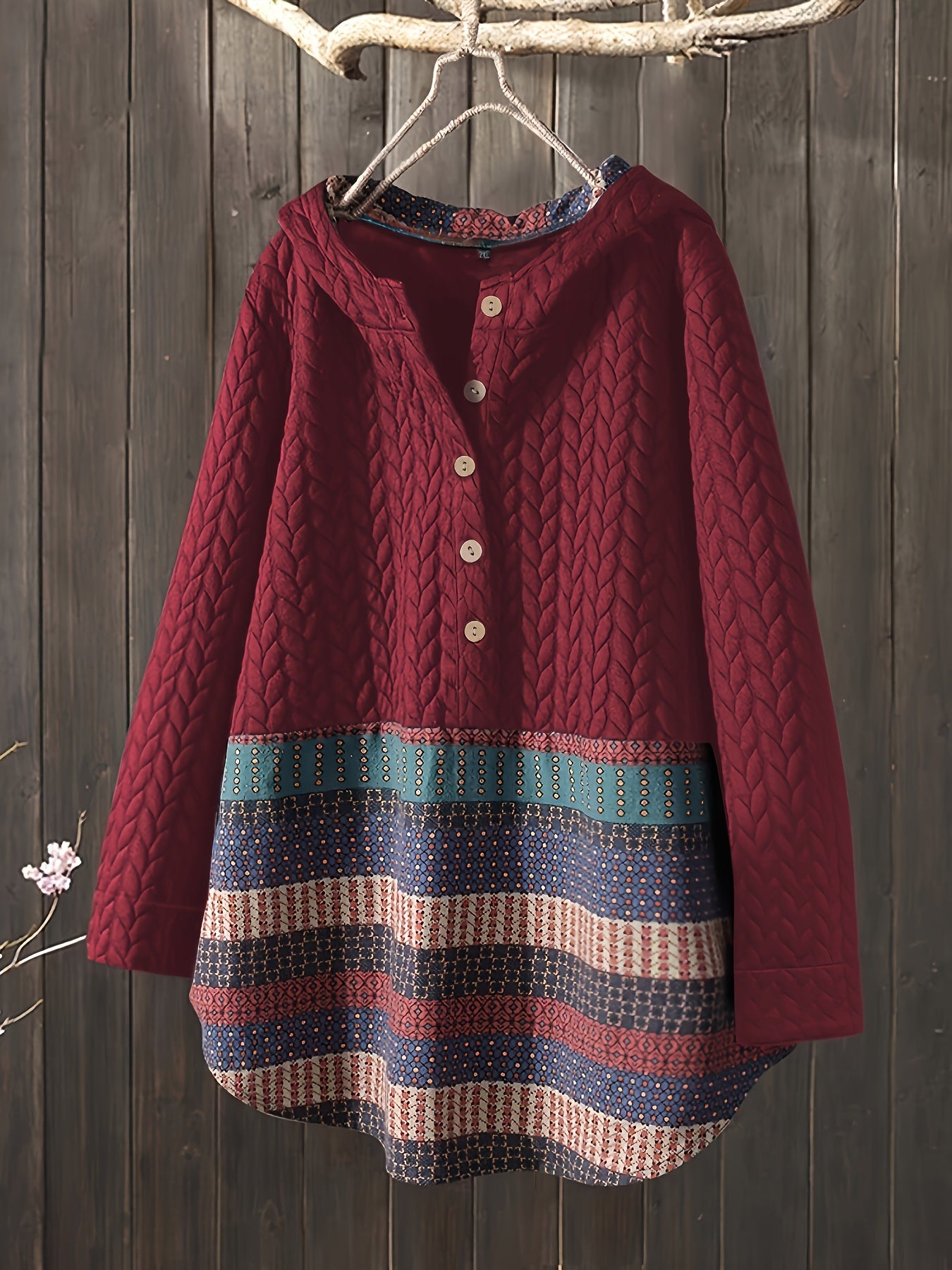 gbolsos  Tribal Print Long Sleeve Hooded Padded Jacket, Casual Button Front Loose Hem Outerwear, Women's Clothing