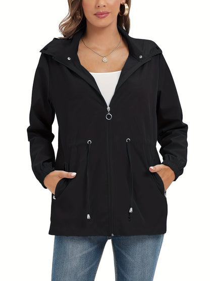 gbolsos  Solid Hooded Rain Jacket, Casual Zip Up Long Sleeve Outerwear, Women's Clothing