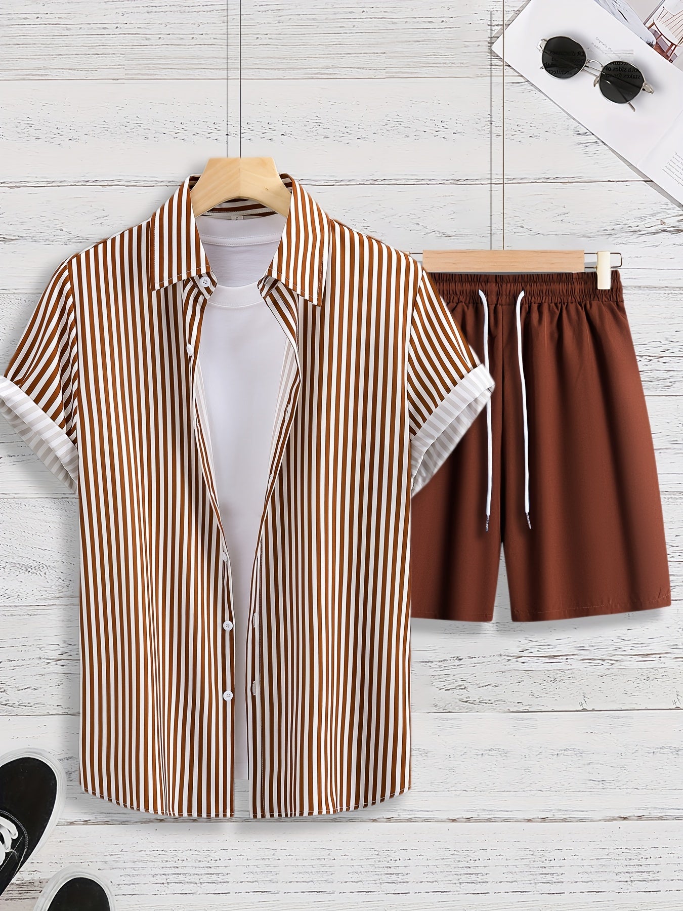 gbolsos  Men's Striped 2pcs, Short Sleeve Button Up Shirt And Drawstring Shorts Set