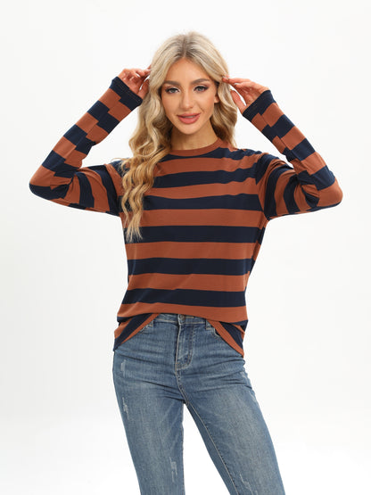 kkboxly  Casual Striped Long Sleeve T-Shirts, Striped T Shirts Crew Neck Tops, Women's Clothing