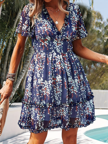 gbolsos  Floral Print V Neck Dress, Casual Flutter Sleeve Ruffle Trim Dress For Spring & Summer, Women's Clothing
