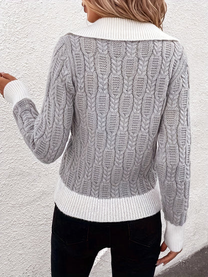 gbolsos  Color Block Cable Knit Pullover Sweater, Casual V Neck Long Sleeve Sweater, Women's Clothing