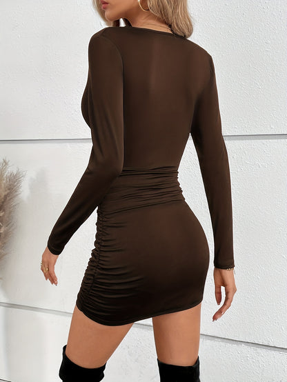 gbolsos  Ladies Sexy Ruched Ruffle Skinny Dresses, Sexy Solid Stretchy Long Sleeve V Neck Dresses, Women's Clothing
