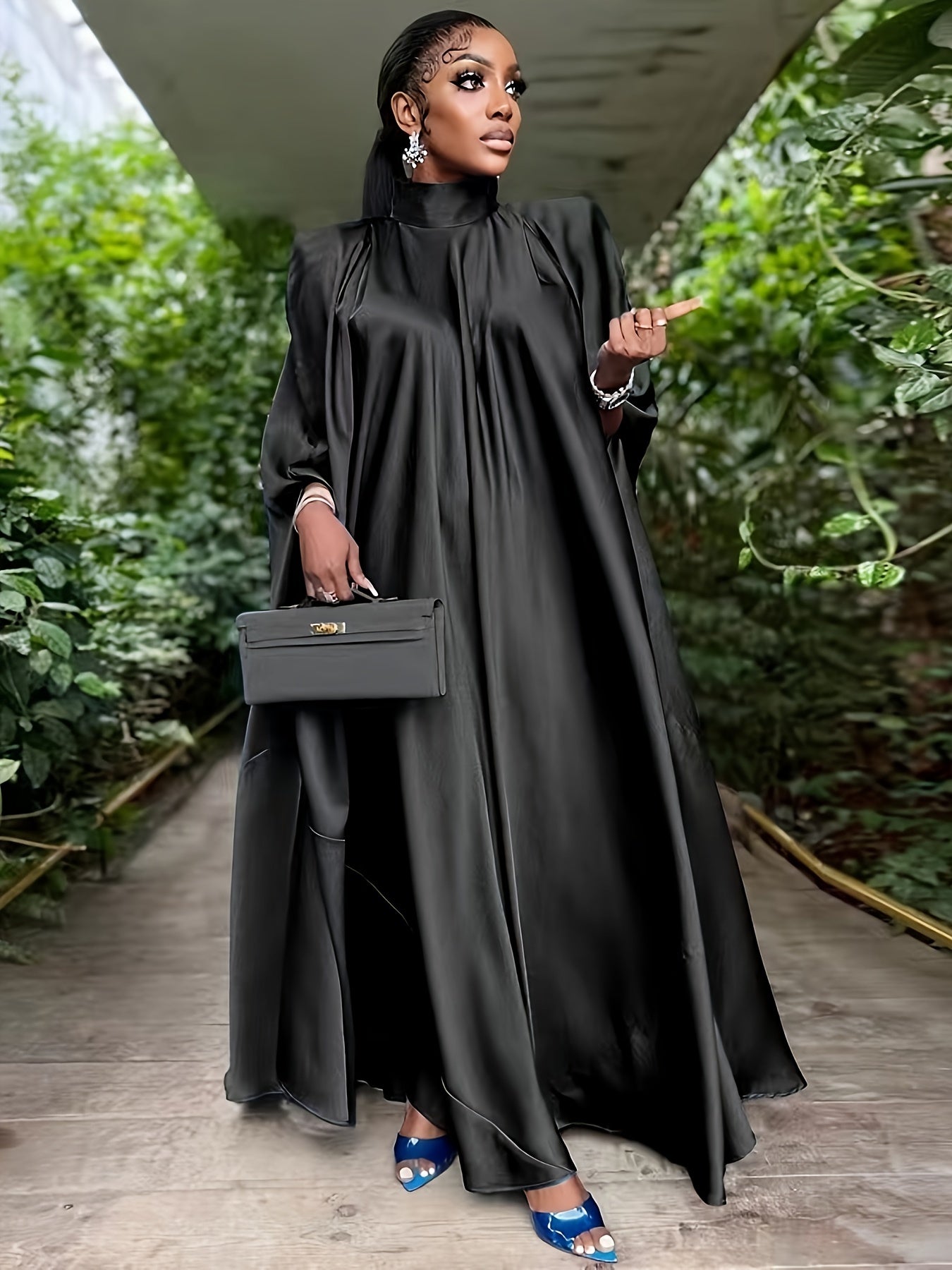 Plus Size Elegant Abaya Dress, Women's Plus Satin Bat Sleeve Mock Neck Maxi Muslim Caftan Dress