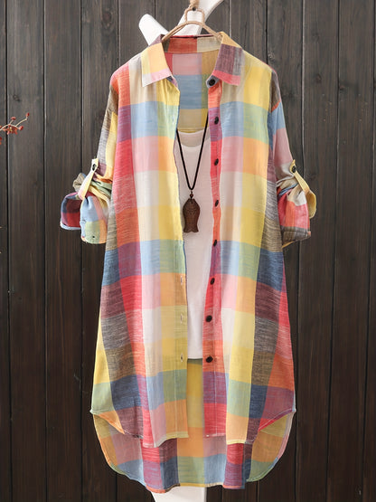 gbolsos  Plaid Print Dipped Hem Shirt, Casual Mid Length Button Front Turn Down Collar Long Sleeve Shirt, Women's Clothing