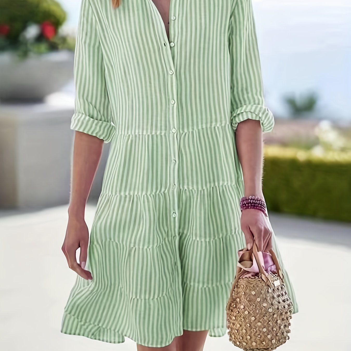 gbolsos  Striped Ruffle Layered Hem Shirt Dress, Casual Button Long Sleeve Tiered Dress, Women's Clothing