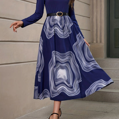 gbolsos  Abstract Print Splicing Dress, Elegant Crew Neck Long Sleeve Dress, Women's Clothing