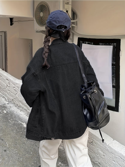 gbolsos  Plain Loose Fit Denim Jackets, Patch Pockets Long Sleeves Lapel Versatile Denim Coats, Women's Denim Clothing
