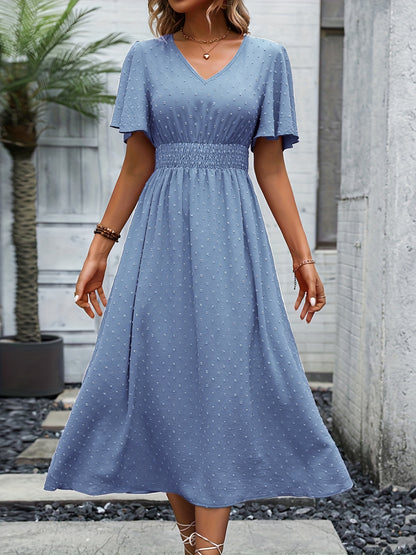 gbolsos  Swiss Dot Flutter Sleeve Dress, Elegant Shirred Waist V-neck Dress For Spring & Summer, Women's Clothing