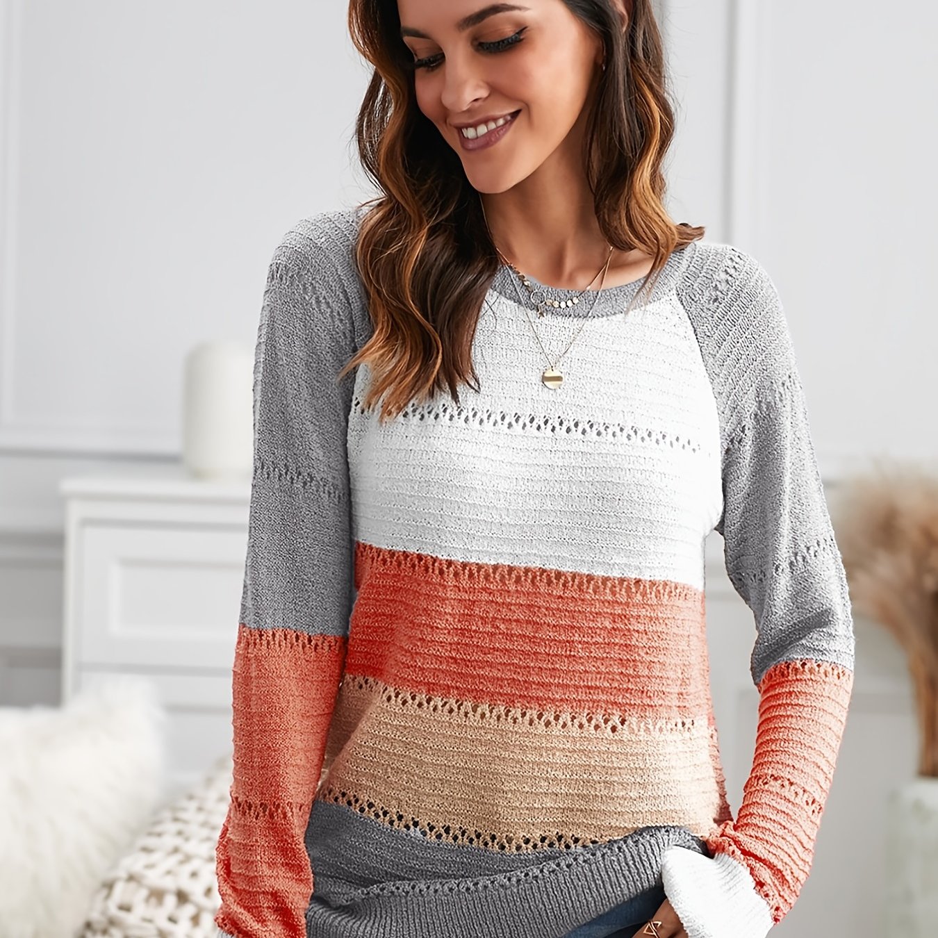 2025 gbolsos  Women's Casual Crew Neck Color Block Sweater, Long Sleeve Fall Winter Sweater, Women's Clothing