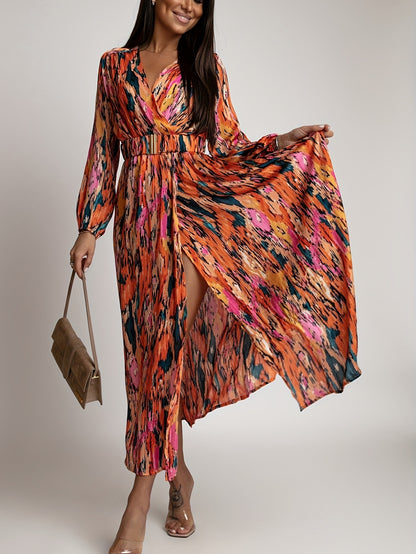 gbolsos  Full Printed Surplice Neck Dress, Boho Long Sleeve Maxi Dress, Women's Clothing