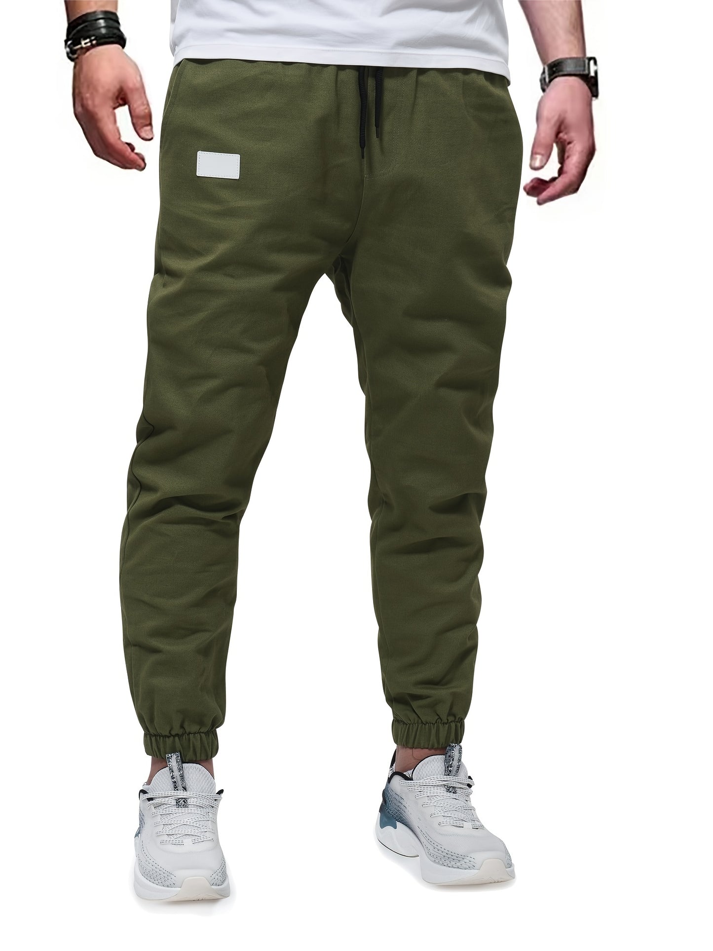 gbolsos Woven Cotton Blend Joggers, Men's Casual Solid Color Slightly Stretch Drawstring Pants For Spring Summer