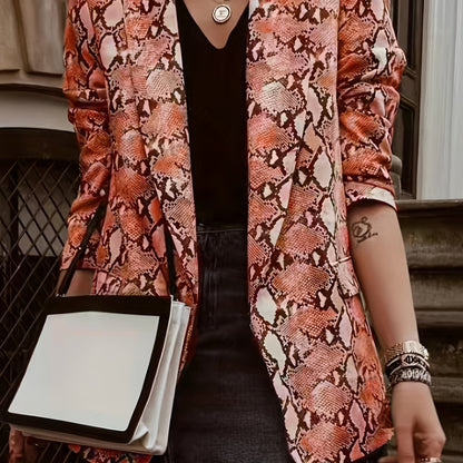 Plus Size Casual Blazer, Women's Plus Snake Pattern Lapel Collar Open Front Long Sleeve Slim Fit Blazer