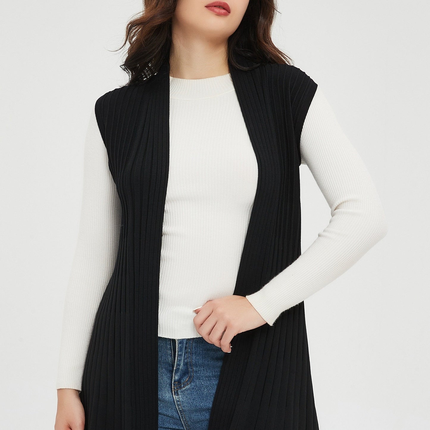 gbolsos Solid Open Front Knit Cardigan, Casual Sleeveless Pleated Sweater, Women's Clothing