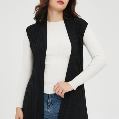 gbolsos Solid Open Front Knit Cardigan, Casual Sleeveless Pleated Sweater, Women's Clothing