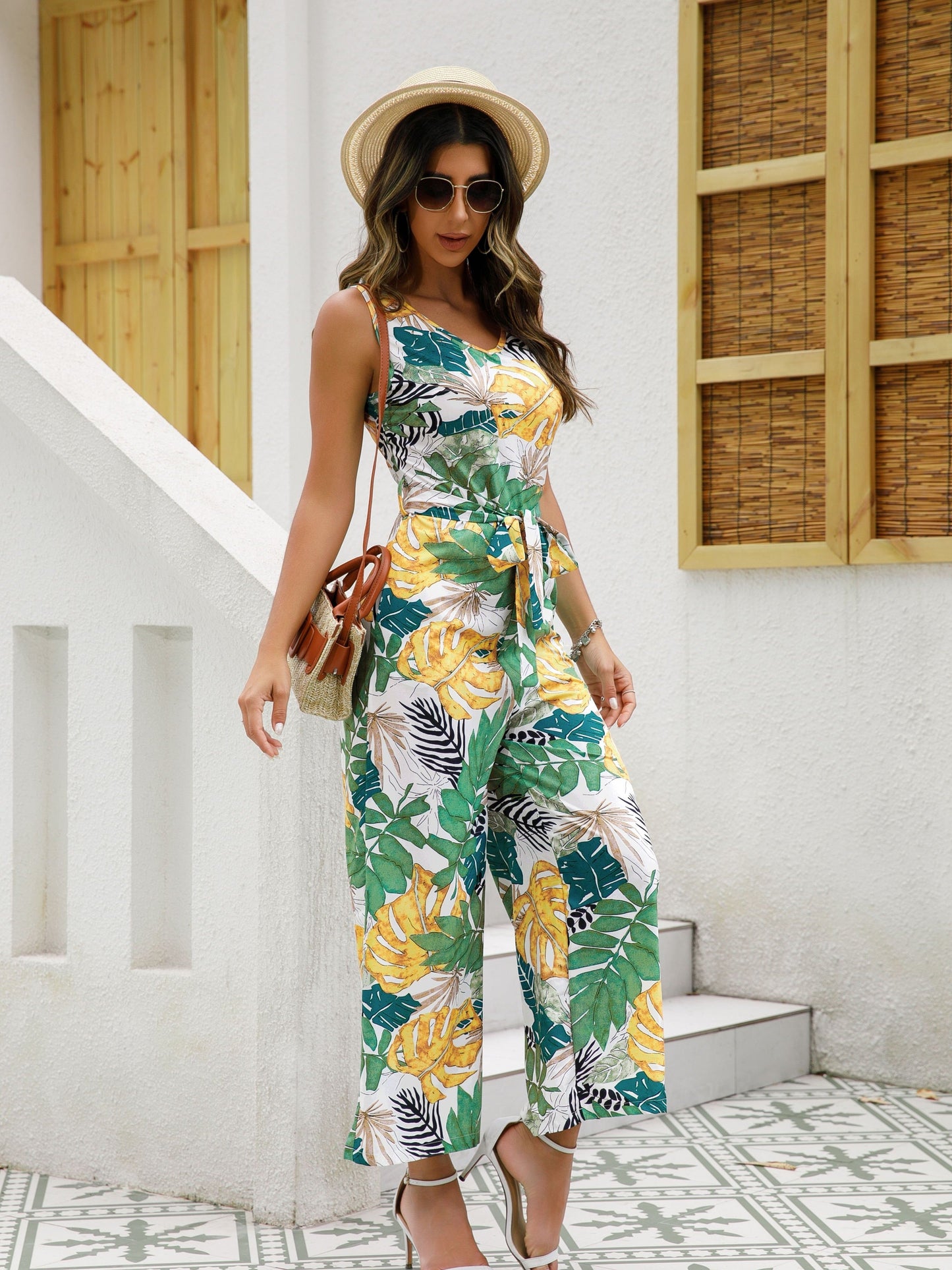 gbolsos  Boho Tropical Print Wide Leg Jumpsuit, Boho V-neck Sleeveless Tank Jumpsuit, Women's Clothing