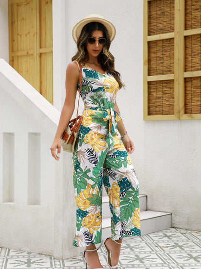 gbolsos  Boho Tropical Print Wide Leg Jumpsuit, Boho V-neck Sleeveless Tank Jumpsuit, Women's Clothing