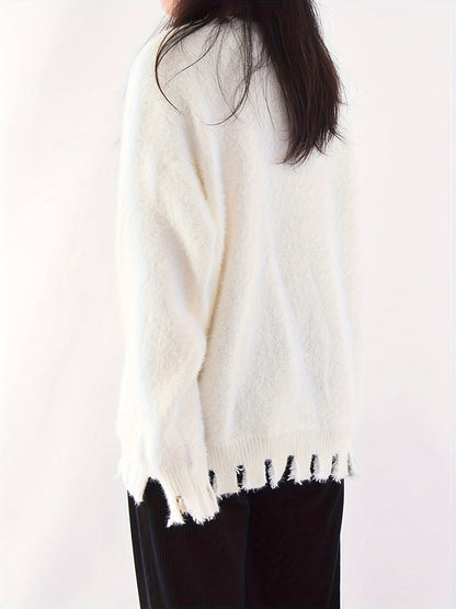 gbolsos  Graphic Pattern Ripped Pullover Sweater, Vintage Long Sleeve Loose Sweater, Women's Clothing