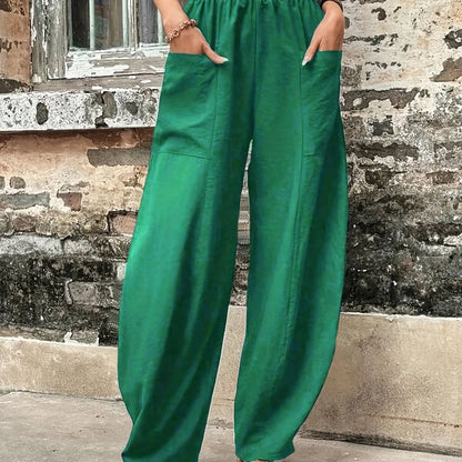 gbolsos  Boho Solid Elastic Waist Harem Pants, Casual Long Length Baggy Pants With Pockets For Spring & Summer, Women's Clothing