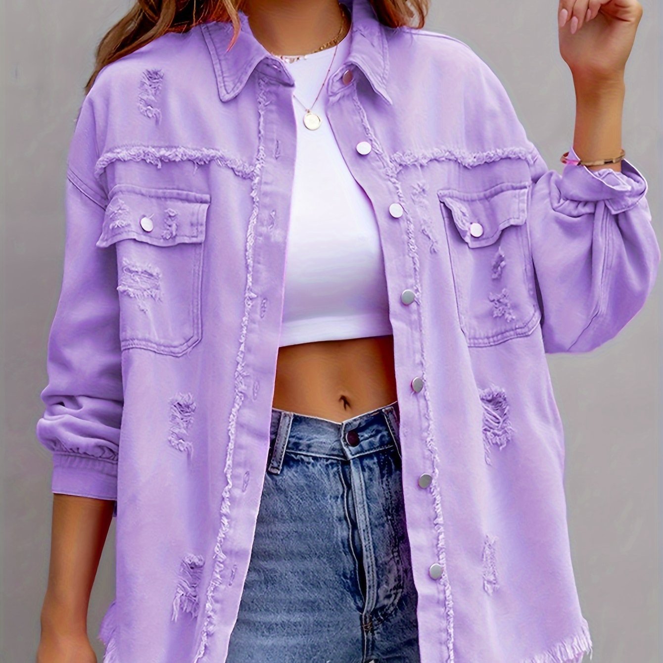 gbolsos  Raw Hem Ripped Distressed Denim Jacket, Flap Pockets Long Sleeves Street Style Single-Breasted Denim Coat, Women's Denim Jeans & Clothing