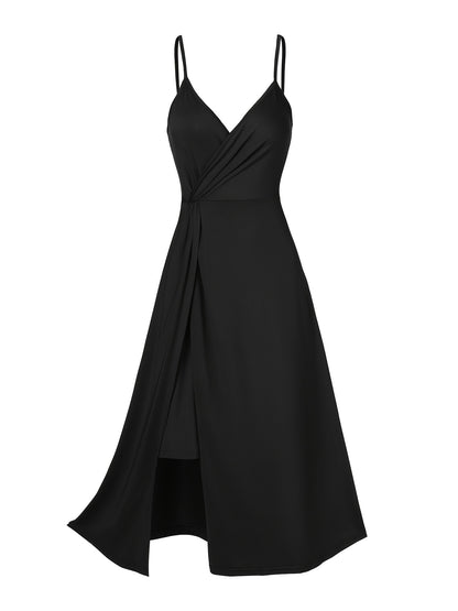 Twist Spaghetti Strap Dress, Elegant Solid Sleeveless Split Dress, Women's Clothing