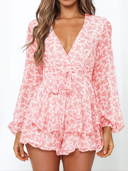 elveswallet  Ladies Polka-dot V-neck Jumpsuits, Long Sleeve Ruffle Hem Romper Playsuit, Casual Every Day Romper, Women's Clothing