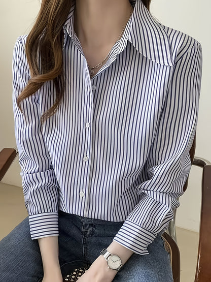 gbolsos  Stripe Print Polo Collar Shirt, Casual Long Sleeve Shirt For Spring & Fall, Women's Clothing