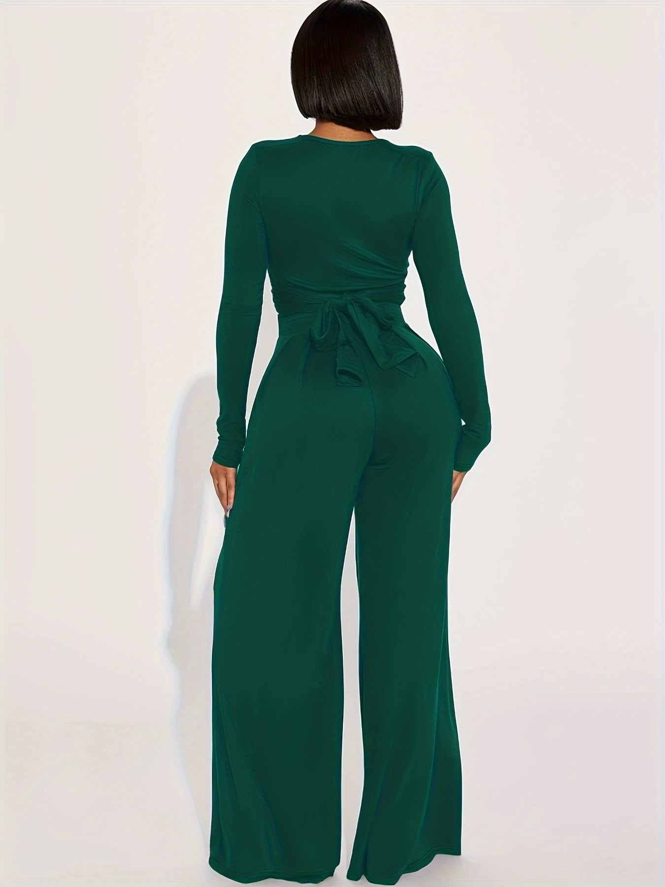 gbolsos  Casual Solid Two-piece Set, Twist Front Tied Crop Top & Wide Leg Pants Outfits, Women's Clothing