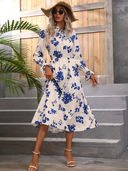 Floral Print Tie Front Mock Neck Dress, Casual Long Sleeve Cinched Waist Dress, Women's Clothing