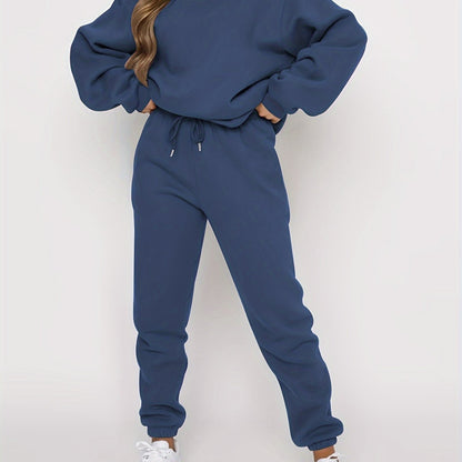 gbolsos  Solid Casual Two-piece Set, Crew Neck Long Sleeve Tops & Drawstring Jogger Pants Oufits, Women's Clothing