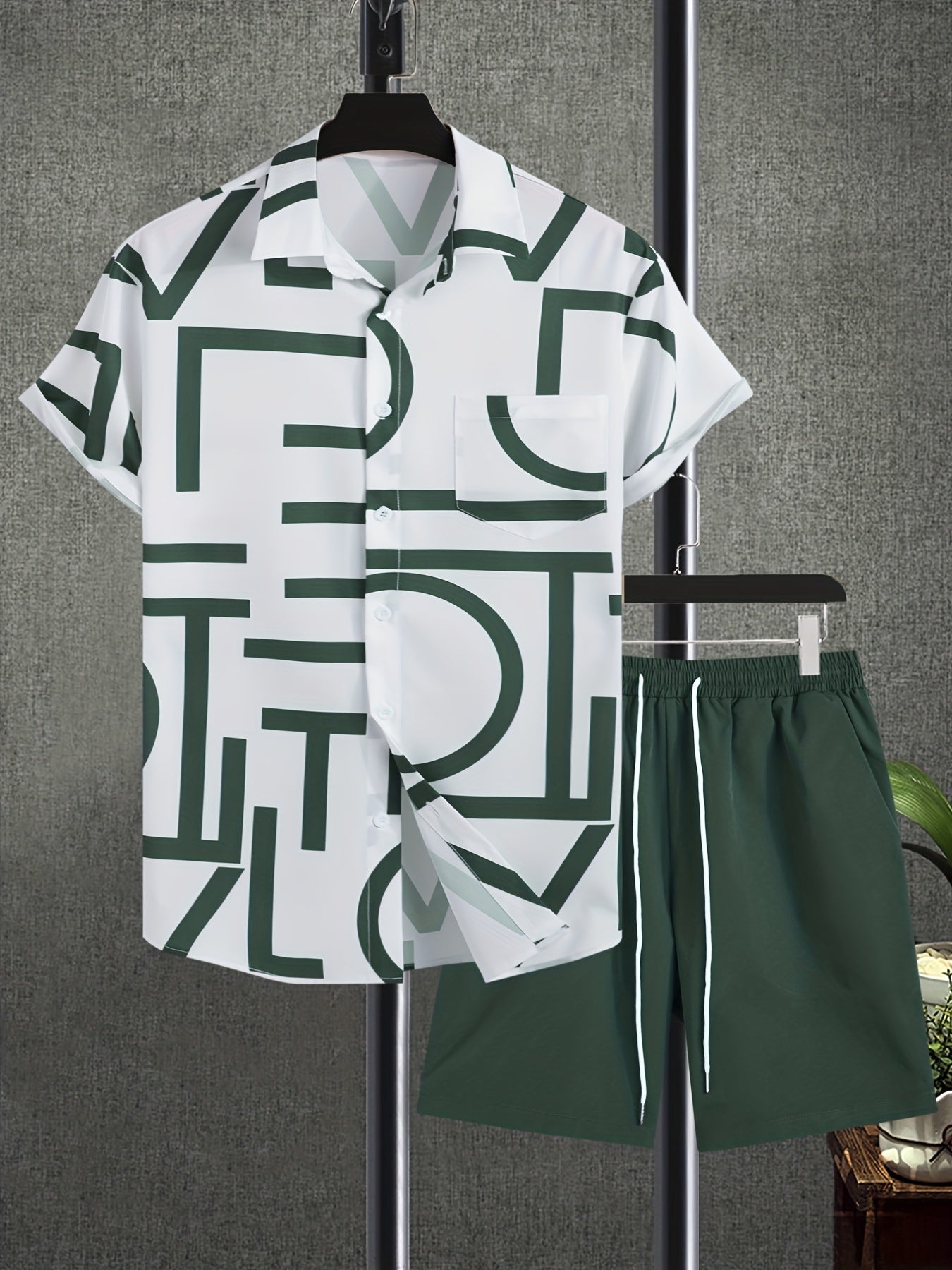 gbolsos  2pcs, Letter Print Everywhere Men's Summer Short Sleeve Button Up Shirt And Shorts Set