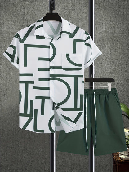 gbolsos  2pcs, Letter Print Everywhere Men's Summer Short Sleeve Button Up Shirt And Shorts Set