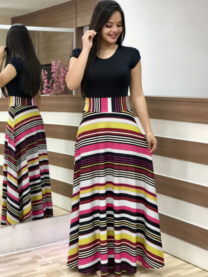 gbolsos  Floral Print Splicing Dress, Elegant Crew Neck Short Sleeve Pleated Maxi Dress, Women's Clothing