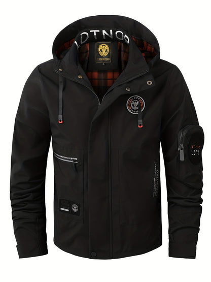 gbolsos  Waterproof  Windbreaker Hooded Jacket With Plaid Lining, Men's Casual Solid Color Zip Up Jacket For Spring Fall Outdoor