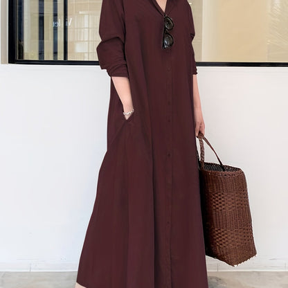 gbolsos  Button Front Kaftan Dress, Casual Solid Long Sleeve Maxi Dress, Women's Clothing