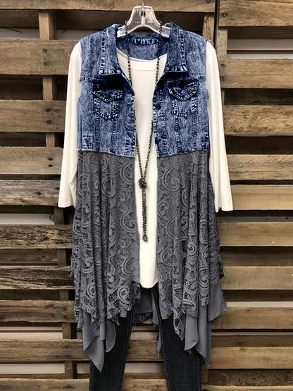 Lace High Low Trim Denim Vest Dress, Flap Pockets Raw Hem Lady Distressed Vest Dress, Women's Denim & Clothing