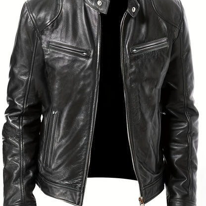 gbolsos  Zipper Pockets PU Jacket, Men's Casual Solid Color Zip Up Stand Collar Faux Leather Jacket For Spring Fall