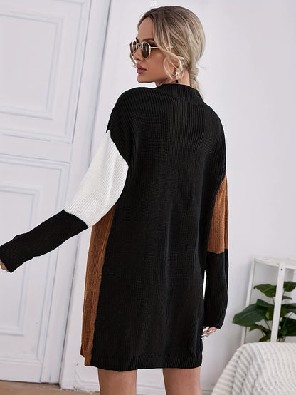 Color Block Sweater Dress, Casual Crew Neck Long Sleeve Dress, Women's Clothing