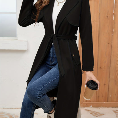 Comfy Belted Trench Coat, Elegant Lapel Neck Long Sleeve Coat, Women's Clothing