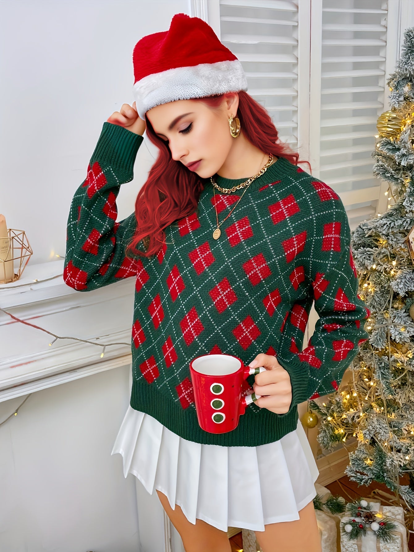 gbolsos  Christmas Pattern Crew Neck Pullover Sweater, Casual Long Sleeve Drop Shoulder Sweater, Women's Clothing