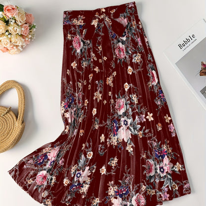 Vintage Floral Print Skirts, Elegant Pleated Tie Waist Daily Skirts, Women's Clothing