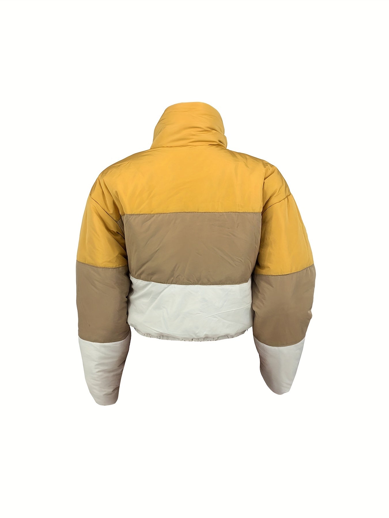 gbolsos  Color Block Zip Front Puffy Jacket, Casual Long Sleeve Warm Crop Coat For Winter, Women's Clothing
