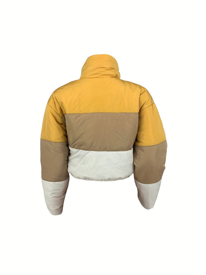 gbolsos  Color Block Zip Front Puffy Jacket, Casual Long Sleeve Warm Crop Coat For Winter, Women's Clothing