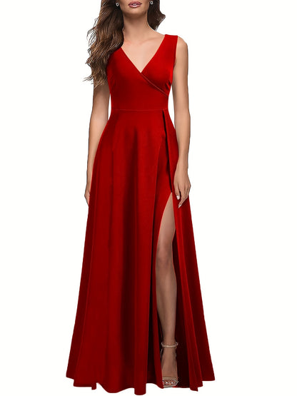 gbolsos  Solid Sleeveless Split Hem Tank Dress, Elegant V Neck Cinched Waist A-line Dress, Women's Clothing