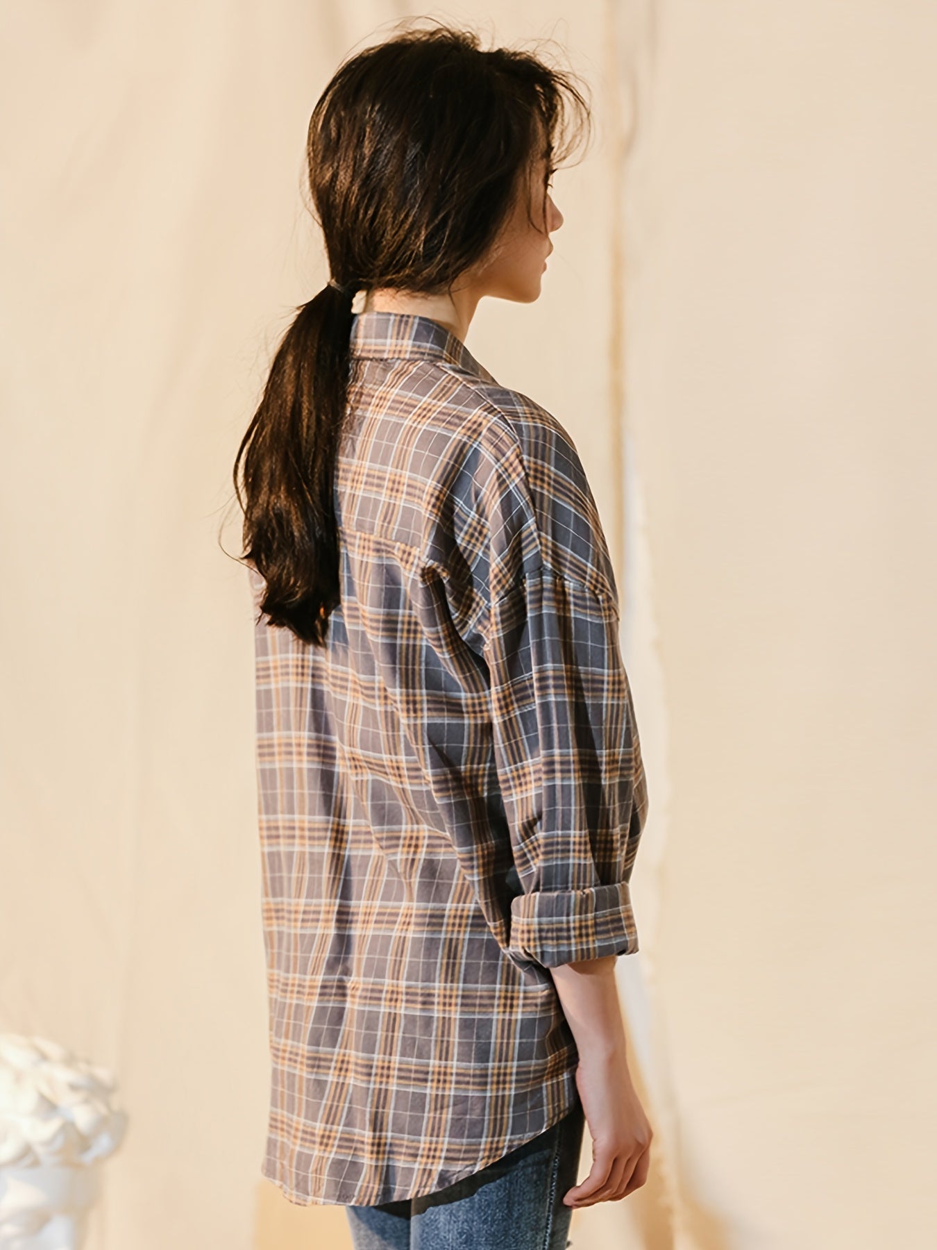 gbolsos  Plaid Drop Shoulder Shirt, Casual Patched Pocket Loose Shirt For Spring & Fall, Women's Clothing