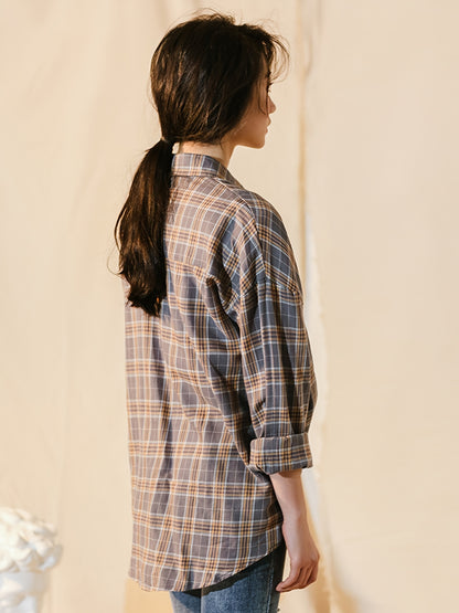 gbolsos  Plaid Drop Shoulder Shirt, Casual Patched Pocket Loose Shirt For Spring & Fall, Women's Clothing
