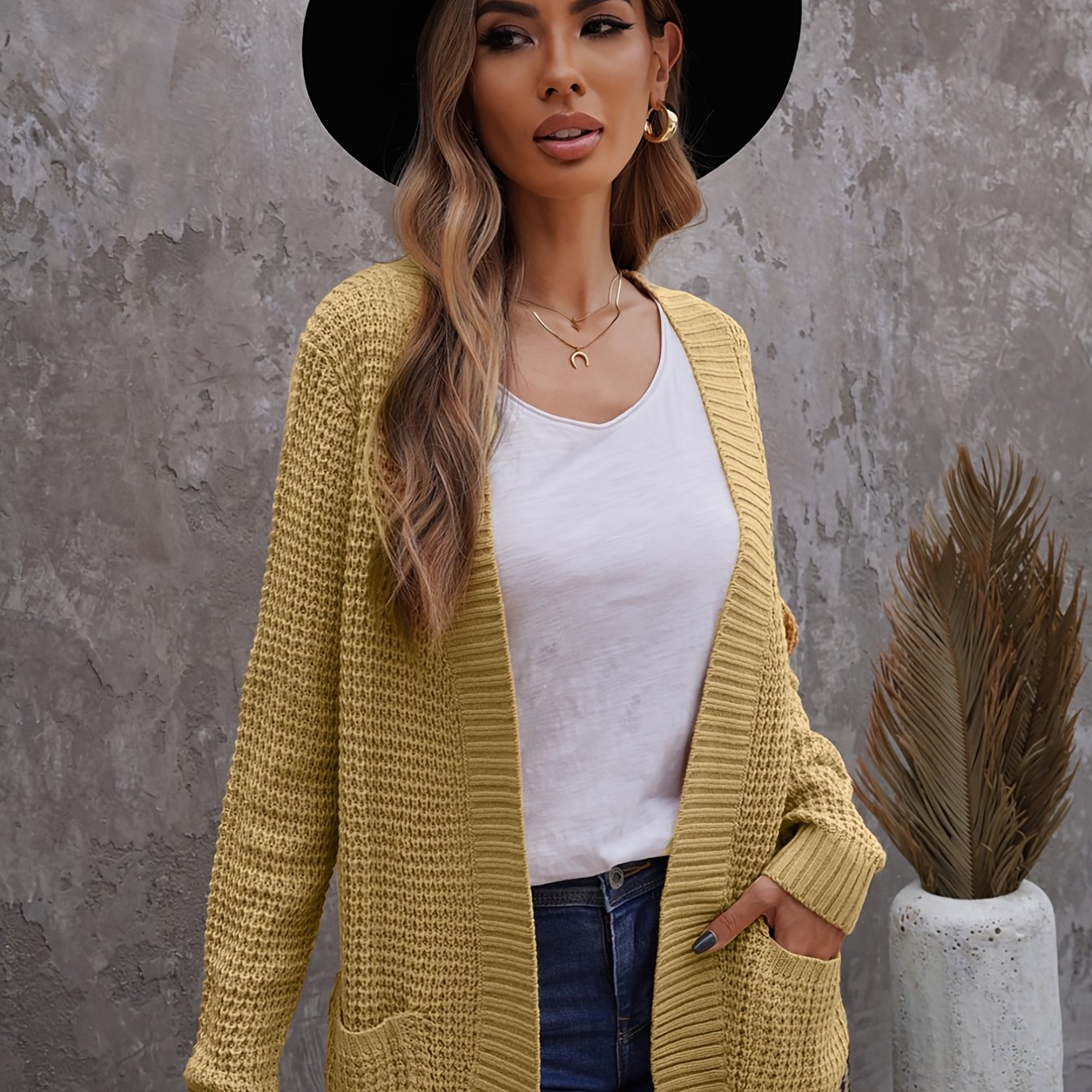 2025 gbolsos  V-neck Solid Loose Pocket Cardigans, Casual Long Sleeve Fall Winter Knit Cardigan, Women's Clothing